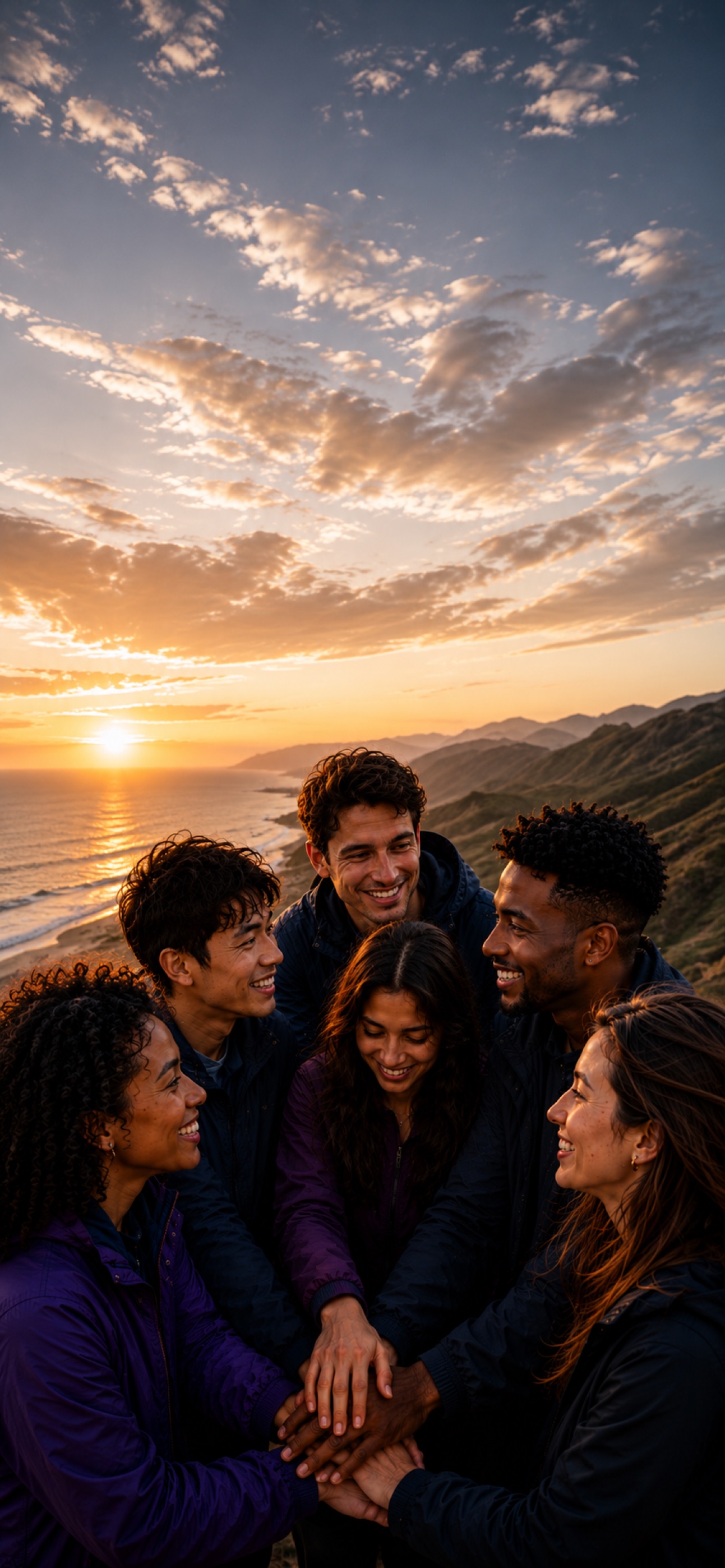 A group of friends sharing a sunset moment outdoors